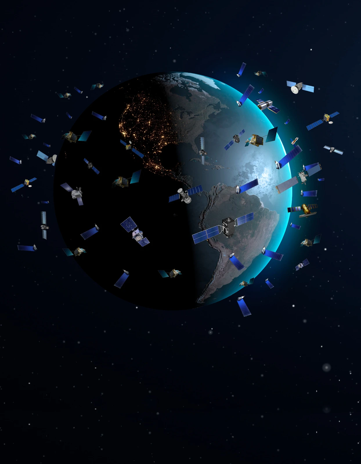 Vue d'artiste d'une constellation de satellites en orbite basse